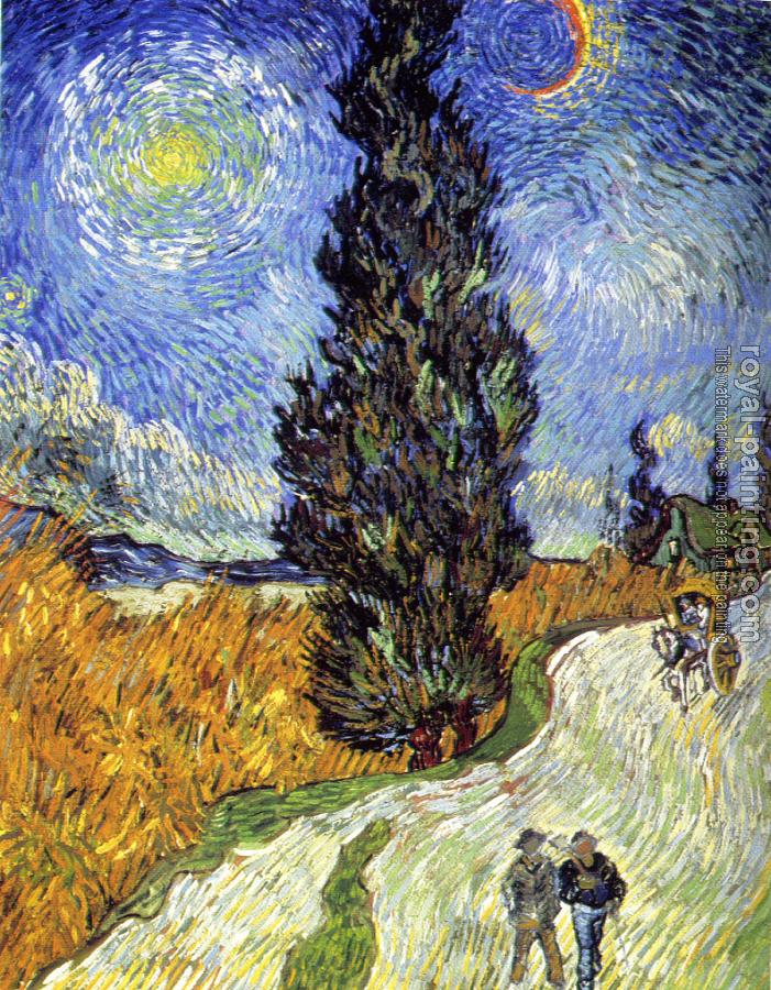 Vincent Van Gogh : Road with Men Walking, Carriage, Cypress, Star, and Crescent Moon II